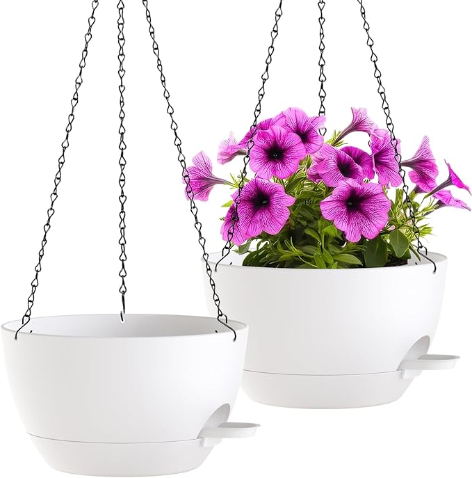 WOUSIWER Self Watering Hanging Planters, 2 Pack 12'' Plastic Pots with Drainage Holes & Reservoir Tray (White) | Indoor & Outdoor Use for Ferns, Ivy, Herbs, Succulents - Bloomnest