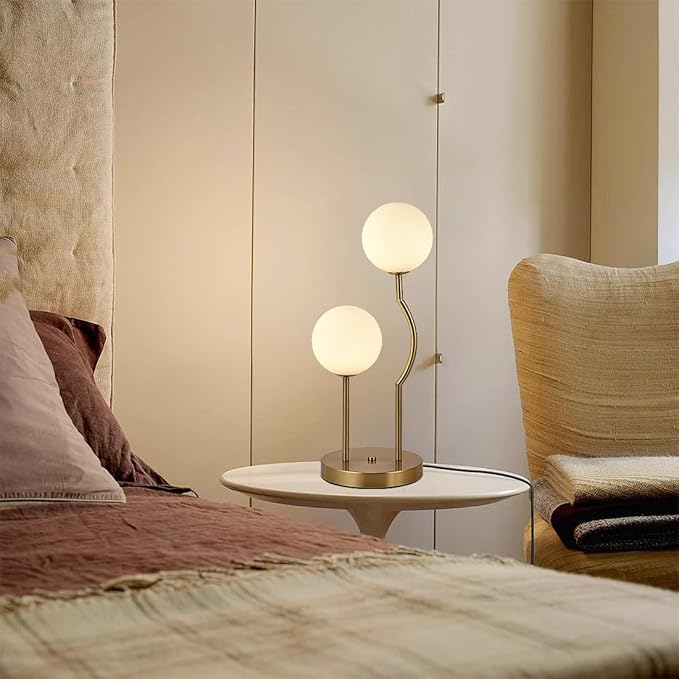 Mid Century Gold Globe Table Lamp 2-Light Orb Modern Beside Desk Table Light with Milk White Glass Shade Metal Base Nightstand Lamp for Bedroom Bedside - Bloomnest