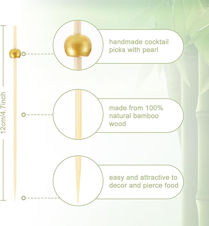 1000 PCS Cocktail Toothpicks for Appetizers, Natural Bamboo Coctail Skewers Sticks, Pearl Decorative Cocktail Tooth Picks for Drinks, Fruit, Charcuterie, Wedding Food Party Fancy 4.7 Inch Long, Gold - Bloomnest
