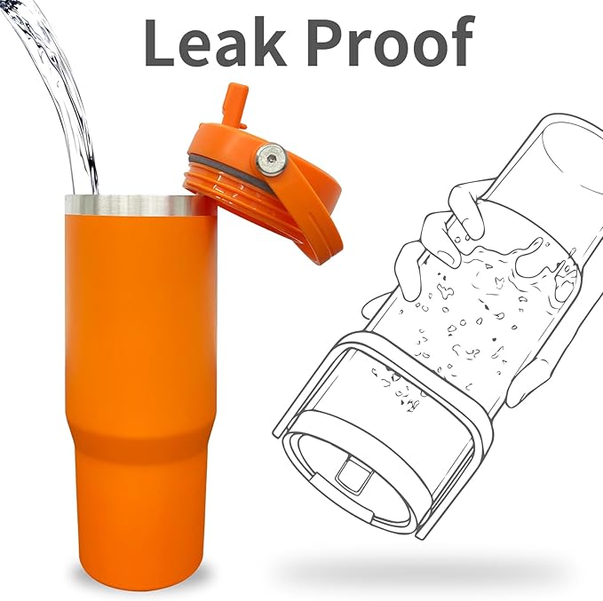 30 oz Tumbler with Handle, Double Wall Vacuum Insulated Tumblers with Flip Straw, Coffee Mug 30oz Powder Coated Cup for Hot and Cold Drinks(Orange,4 pack)