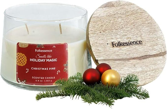 Folkulture Holiday Magic Christmas Scented Candle | Large 250g - Pine Scent | Two Wick Soy Christmas Candles | Non-Toxic Winter Candles for Relaxing | Long Lasting Aromatherapy | Xmas Holiday Gifts - Bloomnest
