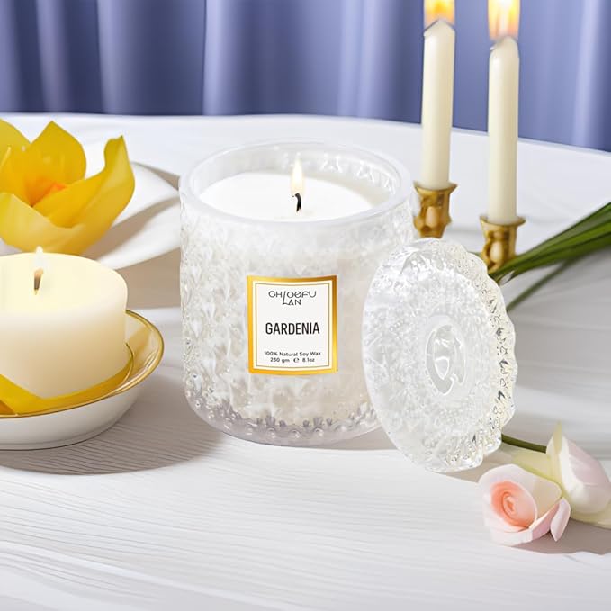 Chloefu LAN Gardenia Scented Candles for Home, Natural Soy Candle Gifts for Home Decor, Birthday Candless Gift for Women, Holiday Gifts, 8.1oz 55 Hours Burn - Bloomnest