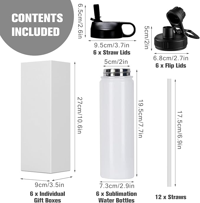BetterSub 20oz Sublimation Sports Water Bottle Stainless Steel Insulated White Tumbler with Wide Mouth Lid and Straw 6 Packs - Bloomnest