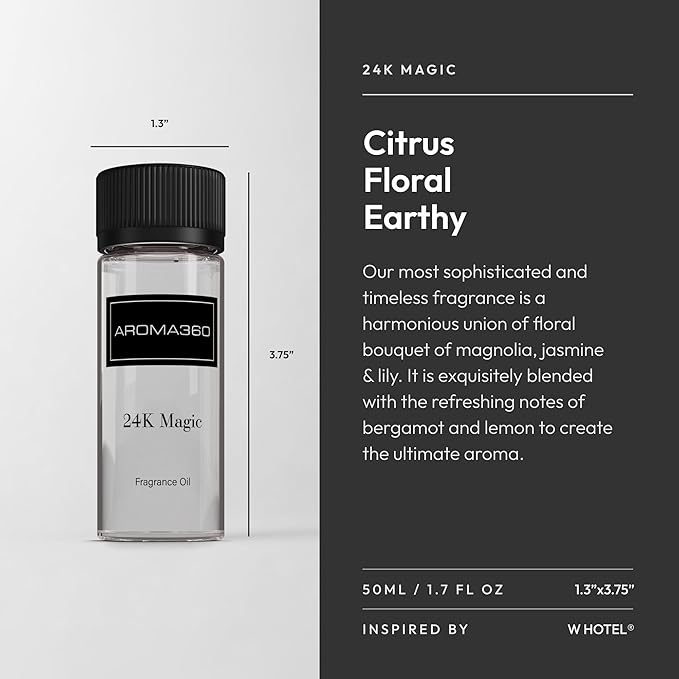 Aroma360-24K Magic Fragrance Oil Blend 50ML | Hotel Inspired Luxury Essential Oil Diffusers | Aromatherapy Scent Diffuser Oil | Citrus Beginning of Bergamot, Lemon & Lemongrass with Notes of Jasmine - Bloomnest