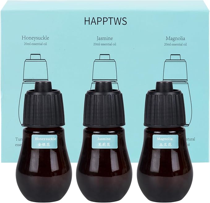 HAPPTWS Essential Oil Set - Honeysuckle, Jasmine and Magnolia Scent Set. HAPPTWS Brand Waterless Essential Oil Diffuser Refill