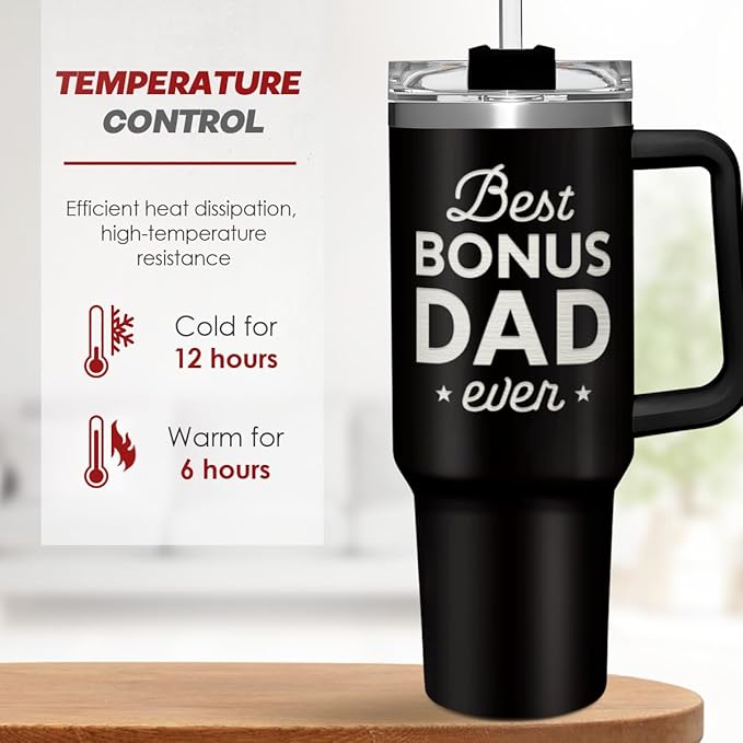 SANDJEST Bonus Dad Tumbler Gift from Step Daughter Son, 40oz Stainless Steel Insulated Coffee Tumbler With Lid & Straw, Travel Cup Gift for Step Dad Men, Christmas Birthday Father's Day - Bloomnest