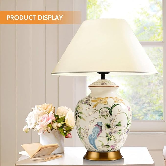 22.44' Flower and Bird Ceramic Table Lamp - White Chinoiserie Design for Bedroom, Living Room and More - Bloomnest