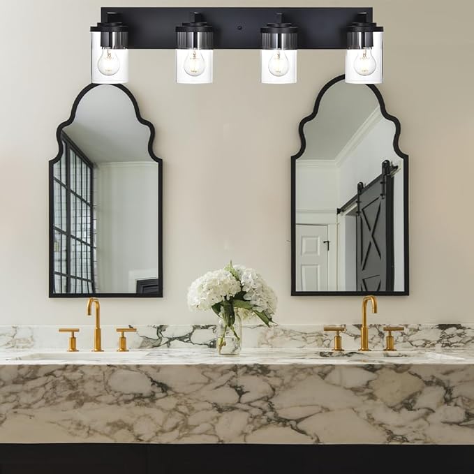 BONLICHT Modern Wall Bathroom Vanity Light Fixture 4 Light Black Metal with Clear Glass Shade,Industrial Vintage Farmhouse Wall Mount Lighting Sconce Bath Lighting Over Mirror for Kitchen Hallway - Bloomnest