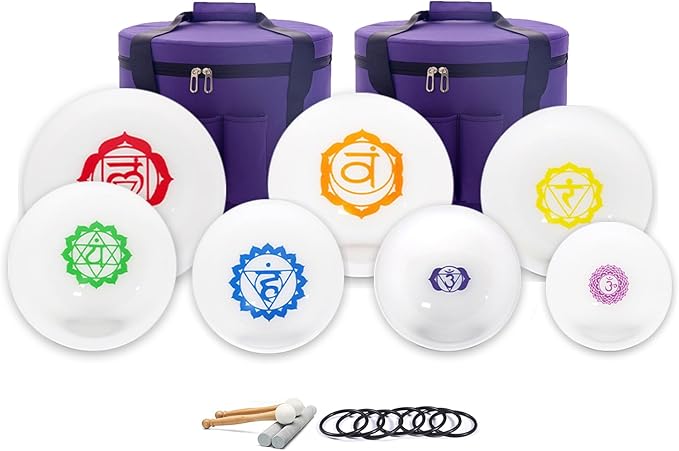 Hye-eun Crystal Singing Bowls Chakra Set of 7, 432hz 7-12 Inch Quartz Sound Bowls Meditation Set with Carrying Case for Yoga Sound Healing - Bloomnest