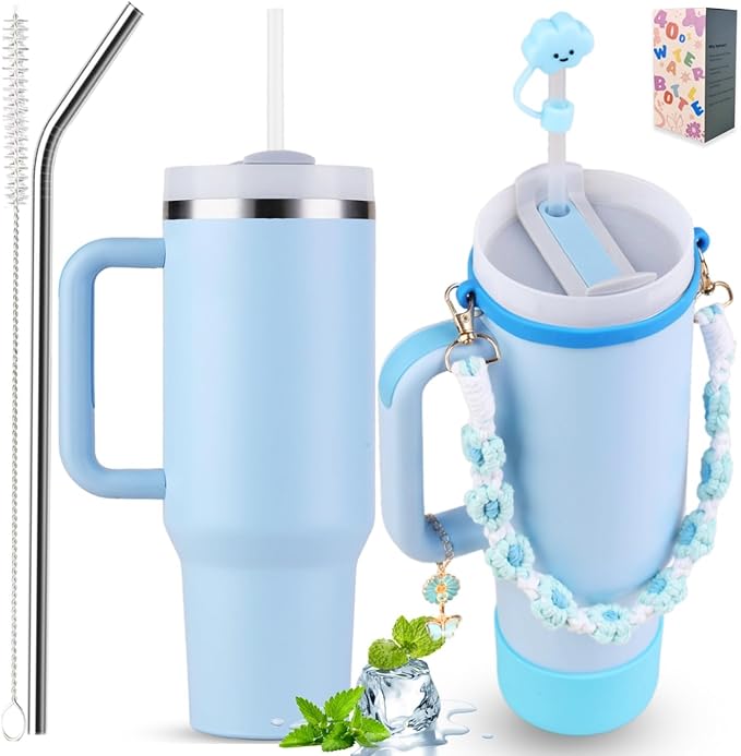 40 oz Tumbler Insulated Mug w/Straw & Flip Cap Lids - Cup Holder Bottle with 6 Accessories Set for Hot, Cold Drink - Leak-Proof - Water, Coffee Portable Travel Mug (Sky Blue) - Bloomnest