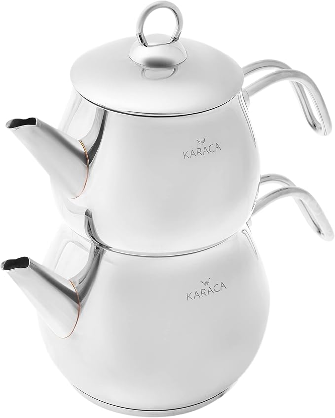 Karaca Layla Teapot Edelstahl, Turkischer Teekocher, Wasserkocher, Teekanne: 1 L Wasserkocher: 1,75 L, Türkisches Teekannen, Kayra Teekannen Set Metal - Bloomnest