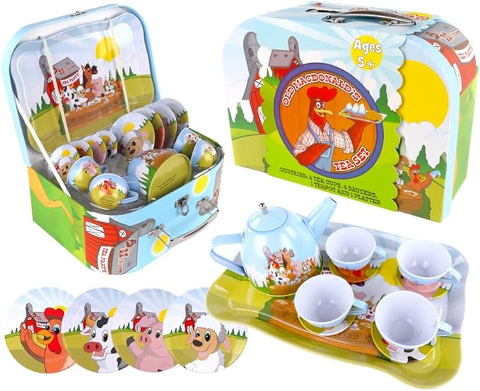 Regal Games Old Macdonald’s Tea Time - Barnyard Animal Designed Kid's Tea Time Set - Includes 1 Teapot, 4 Cups, 4 Saucers, 1 Platter & Storage Case - Ideal Birthday & Easter Gift for Ages 5+