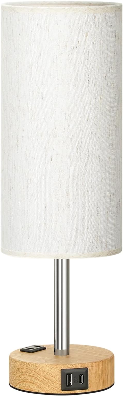 Fenmzee Bedside Table Lamp for Bedroom - 3 Way Dimmable Touch Lamp USB C Charging Ports and AC Outlet, Small Lamp Wood Base Round Flaxen Fabric Shade for Living Room, Desk, LED Bulb Included - Bloomnest