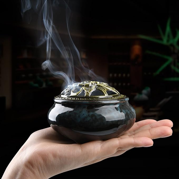 Ceramic Incense Burner with Incense Holder+Spacer Layer+Fireproof Cotton,Handmade Smudging Burn Bowl for Stick or Coil Incense,Sage Cones and Frankincense (Dark Blue) - Bloomnest