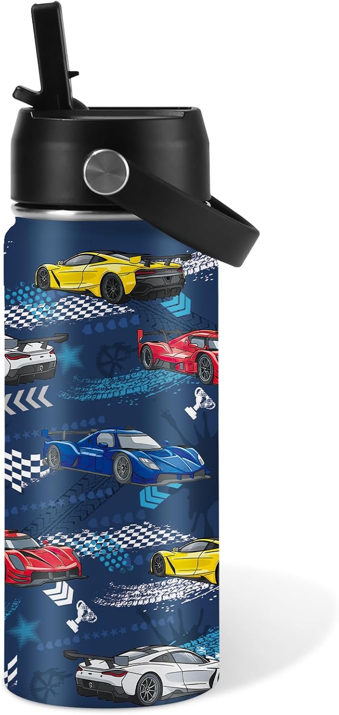 Racing Car Gifts 16 oz Water Bottle with Straw Lid, Stainless Steel Insulated Tumbler, Leak Proof, BPA - Free, Cool Racing Car Pattern Mug for Birthday, Christmas, Daily Use, Travel (1pc) - Bloomnest