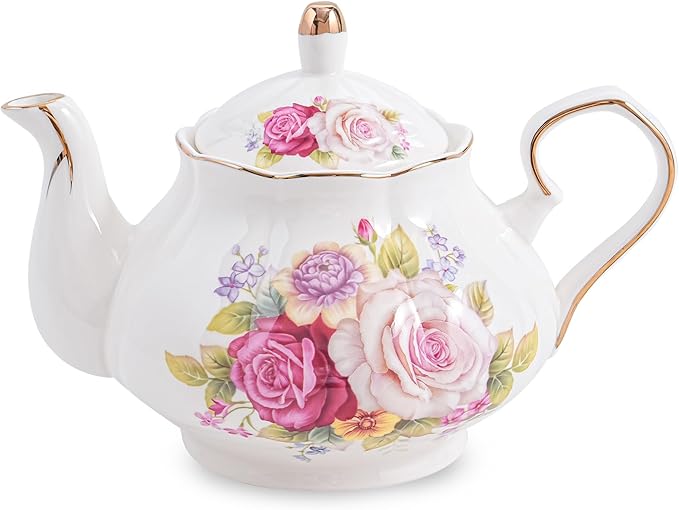 Flower Ceramic Teapot,22oz Porcelain Tea pot for Tea Coffee Milk for Office Home Men Women as Gift (Rose)