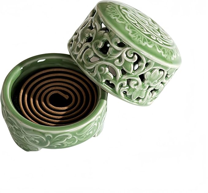 Mini Ceramic Incense Burner - Chinese Classic Plum Green Celadon Glaze, Fragrance Cone & Stick Holder Palo Santo/Sage/Herb Burner for Meditation, Yoga, Desk Decor, Zen Relaxation Gift (Cloud-A) - Bloomnest