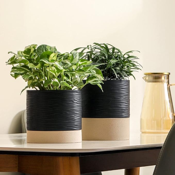 Nihow Ceramic Plant Pot: 6 Inch Planter with Drainage Hole & Saucer for Indoor & Outdoor Plants - Cylinder Round Flower Pot for Succulent/Herbs/Violets - Black & Brown - Bloomnest