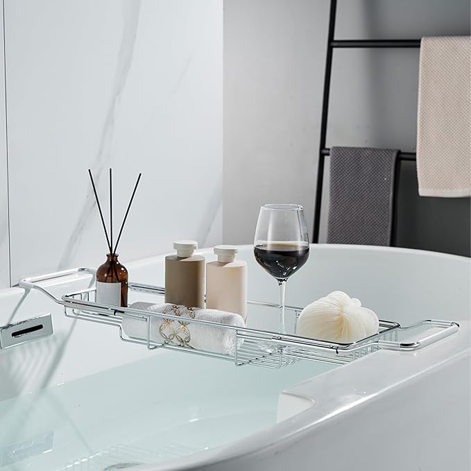 Stainless Steel Bathtub Caddy Tray, Expandable Bathtub Holder Table, Adjustable Bathroom Tray, Bath Organizer Tub Shelf,Gold,26.8~35.4in - Bloomnest