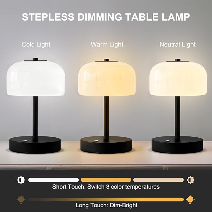 Oneach 9" Small Portable Cordless Table Lamp, 3-Way Dimmable Touch Rechargeable Battery Powered Mushroom Lamp Bedroom Dining Table Living Room Shelf Decor, Black - Bloomnest