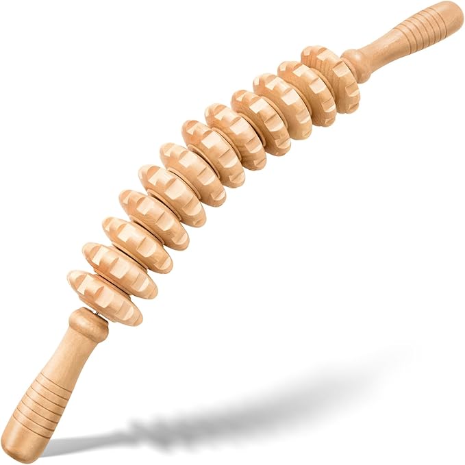 Wooden Cellulite Massage Roller for Legs and Thighs - Handheld Fascia Blaster Tool for Muscle Relief, Lymphatic Drainage & Body Sculpting - Anti Cellulite Massager for Women and Men (12 Wheel) - Bloomnest