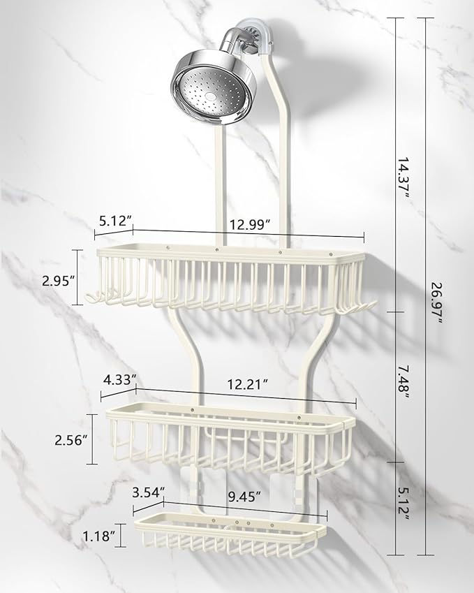 Shower Caddy Hanging - Never Rust Shower Hanging Organizer - Aluminum Over the ShowerHead Caddy with Soap Basket and 6 Hooks for Razor/Sponge (Milky White) - Bloomnest