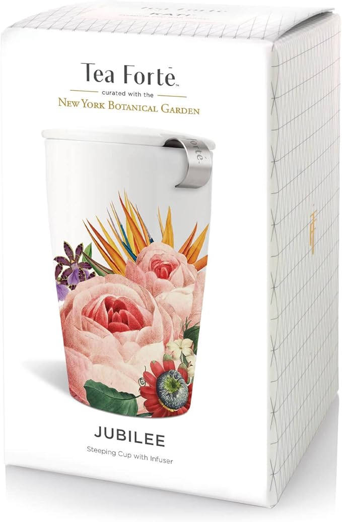 Tea Forte Double-Walled Ceramic Kati Cup, Removable Stainless Steel Infuser Basket and Lid, Steeps 12 oz Loose Leaf Tea, Dishwasher & Microwave Safe, Jubilee - Bloomnest