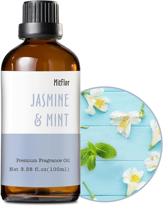 Jasmine & Mint Fragrance Oil, MitFlor 3.38 OZ/100ml Hotel Diffuser Oils,Premium Grade Fragrance Oil for Soap & Candle Making Scent, Aromatherapy Essential Oil, Fresh Scent for Home Fragrance MitFlor