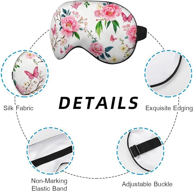 Pink Cherry Eye Mask Sleeping Mask Flower Peony Plum Branches Flying Butterflies Sleep Masks Silky Soft Eye Cover for Women Men Shading Blindfold for Air Travel Sleeping - Bloomnest
