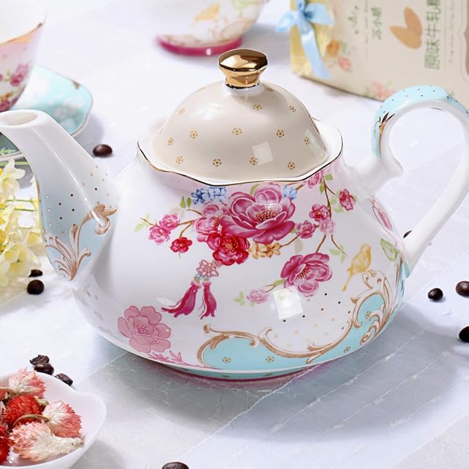 Tea Pot Bone China Floral Design Vintage Teapot Loose Tea Women and Tea lovers 850 ml about 4 Cups Gift Box - Bloomnest