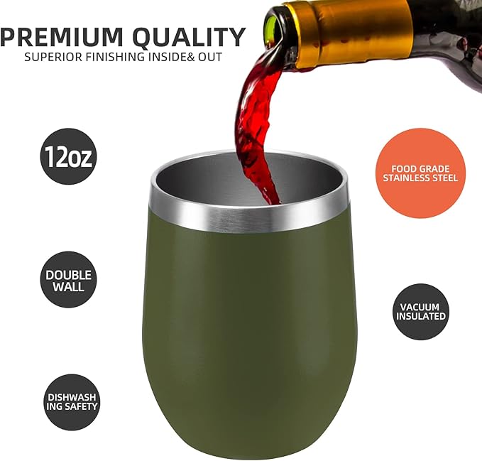 12 oz Insulated Wine Tumbler with Lid and Straw,Stainless Steel Stemless Wine Tumbler Glasses Double Wall Vacuum Wine Cups Tumbler Bulk for Champaign,Cocktail,Office(Navy Green,8) - Bloomnest