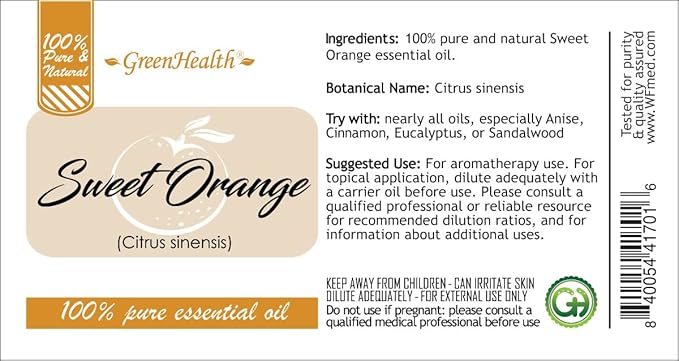 Sweet Orange Essential Oil – 16 fl oz (473 ml) Aluminum Bottle w/Plug Cap – 100% Pure Essential Oil – GreenHealth - Bloomnest