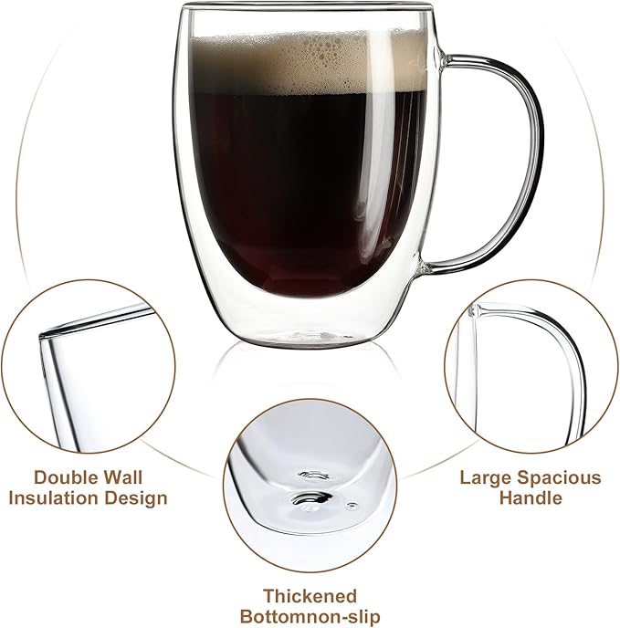 Aurzen 4 Pack Double Walled Glass Coffee Mugs with Handles, Large Insulated Layer Coffee Cups, Clear Borosilicate Mugs, Perfect for Cappuccino, Tea, Microwave Safe (12oz-4Pack) - Bloomnest