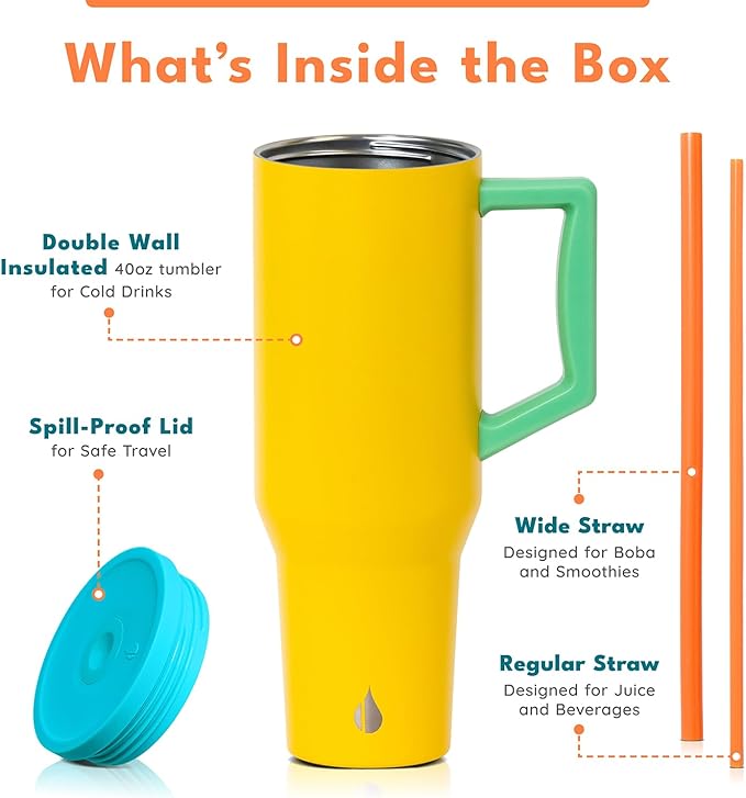 Elemental 40 oz Tumbler with Handle and Straw - Spill Proof Insulated Stainless Steel Commuter for Hot and Cold Beverages - Travel Coffee Mug with 2 Straws & Spill Proof Lid - 40oz - Lemon Zest - Bloomnest