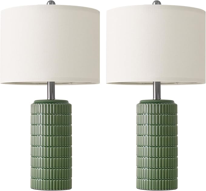 PoKat 24" Modern Ceramic Table Lamps Set of 2 for Bedroom, Green Bedside Lamps for Night Stands, Farmhouse House Decor Nightstand Table Lamps for Living Room End Table Green - Bloomnest