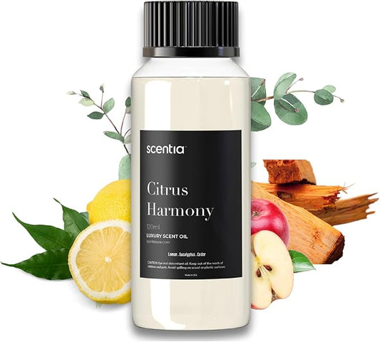 Scentia Citrus Harmony Essential Oil Blend – 120ml Premium Aromatherapy Diffuser Oil with Bright Notes of Lemon, Eucalyptus, Sage & Musk | Perfect for Home, Candles, Soaps & DIY Scentia