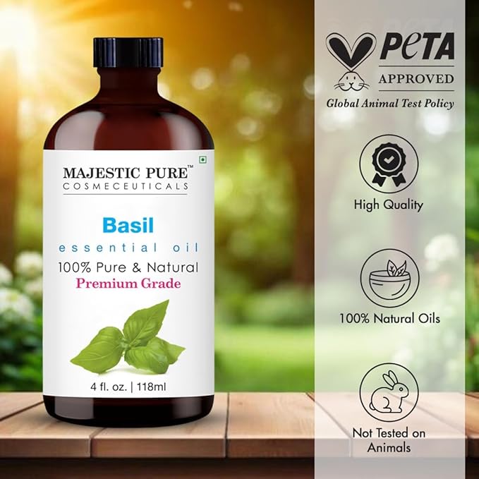 Majestic Pure Basil Essential Oil with Glass Dropper - Huge 4 Fl Oz - 100% Pure and Natural Basil Oil - Premium Grade Essential Oils for Diffuser, Aromatherapy, Soap and Candle Making - Bloomnest