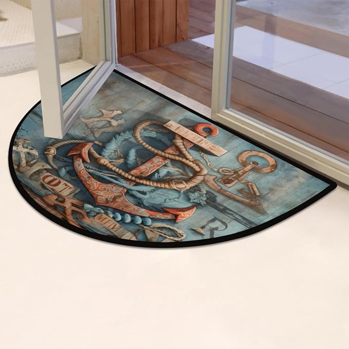 Half Round Door Mat, Nautical Anchor Non-Slip Half Circle Area Rug Wooden Anchor Doormat Washable Durable Home Decor Half Moon Rug for Floor Indoor Outdoor Living Room Bedroom Kitchen Patio - Bloomnest