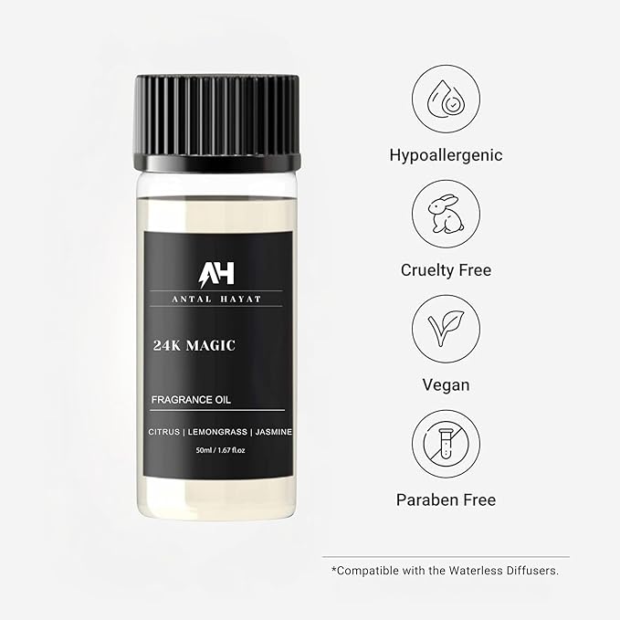 24K Magic Diffuser Oil 50ml – Hotel Inspired Aromatherapy Scent – Citrus, Lemongrass, Jasmine – Home Luxury Fragrance Oil by Antal Hayat – Essential Oil Blend for Diffusers - Bloomnest
