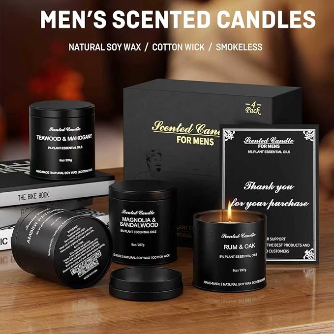 Men's Scented Candle Sets | 4 Pack Aromatherapy Candles Gift in Matte Black Tins for Christmas,Father | Soy Wax Manly Candles of Amber Patchouli,Rum&Oak,Teawood&Mahogany,Magnolia&Sandalwood - Bloomnest