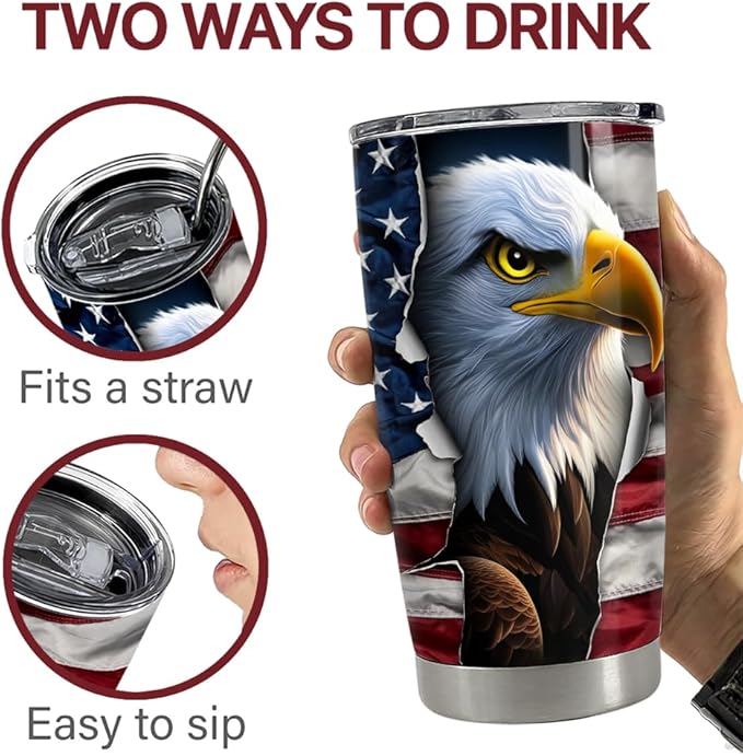 SANDJEST Eagle Tumbler 20oz Stainless Steel Insulated Coffee Travel Mug Cup American Flag Eagle Gifts for Men, Veterans on Birthday Christmas - Bloomnest