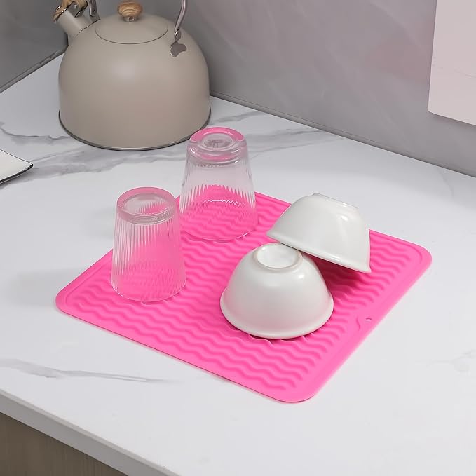 Silicone Dish Drying Mat for Multiple Usage,Easy clean,Eco-friendly,Heat-resistant Silicone Mat for Kitchen Counter or Sink,Refrigerator or Drawer liner Rose M 12 inches x 12 inches - Bloomnest