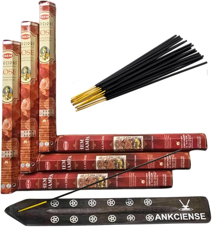 Sandalwood & Vanilla Incense from Hem Bundled with ANKCIENSE Incense Holder Bundle, Variety Pack of 120 Sticks (Precious Rose & Champa) ANKCIENSE