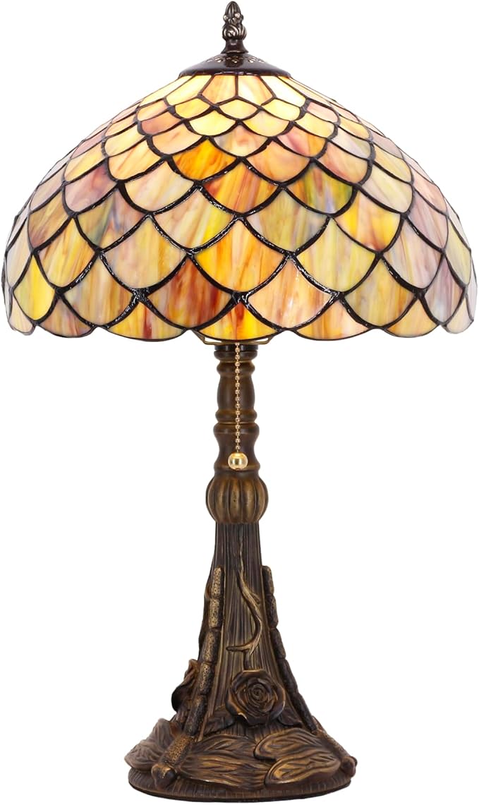 Tiffany Stained Glass Table Lamp 12X12X19 Inch Brown Fish Scales Style Desk Bedroom Living Room Reading Light(Brown Fish Scales) - Bloomnest