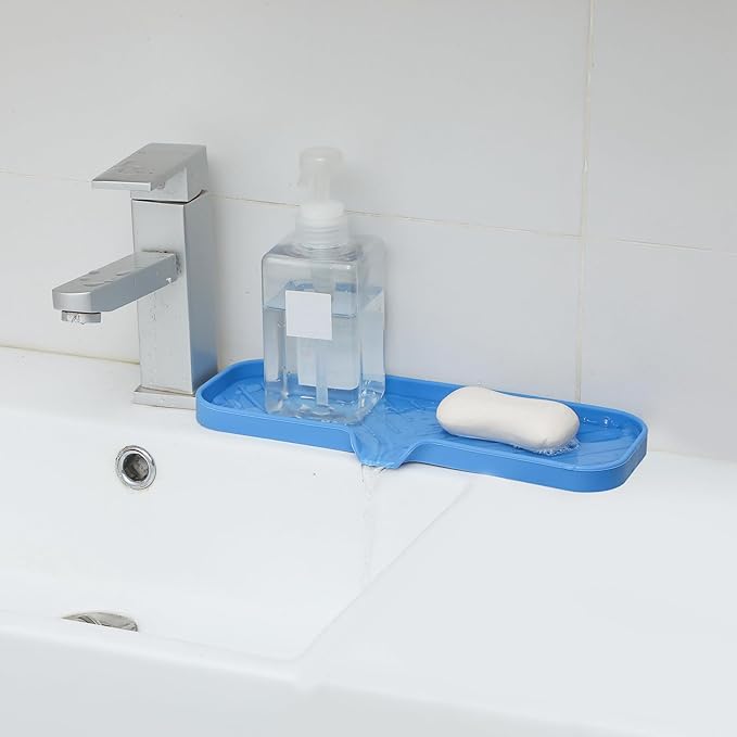 Silicone Bathroom Soap Dishes with Drain Spout-Bathroom and Kitchen Sink Organizer,Sponge Holder,Dish Soap Tray,Perfect for Dispenser,Scrubber,Bottle,Cup on Sink or Counter-Lichen Blue 12"×4" - Bloomnest