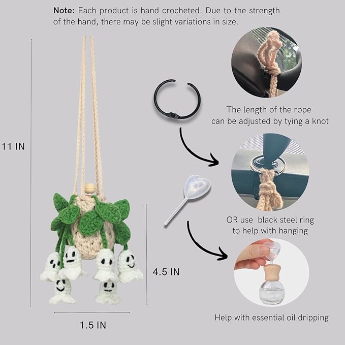 Handmade Crochet Hanging Car Air Freshener - Glow-in-the-Dark Lily of the Valley Plant with 12ml Refillable Essential Oil Diffuser Bottle, Halloween Car Accessories & Bedroom Nightlight Decor - Bloomnest
