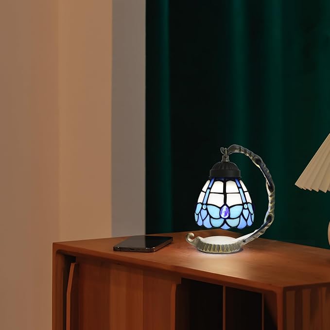 Blue Butterfly Tiffany Lamp Small Stained Glass Accent Night Light Retro Unique Nightstand Light Mini Bedside Table Lamp for Home Decor Bedroom Living Room Boys Girls Christmas Gifts - Bloomnest