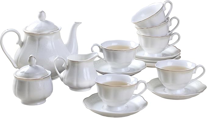 GuangYang 15-pcs Porcelain Tea sets for Adults, Off White Embossed Pattern with Gold Trim (A set Included 1 Teapot, 1 Sugar Bowl, 1 Cream Pitcher, 6 Cups and 6 Saucers) - Bloomnest