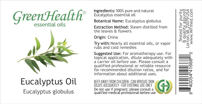 GreenHealth Eucalyptus Essential Oil – 15 ml (0.5 fl oz) – 100% Pure & Natural – Therapeutic Grade Aromatherapy Oil – Amber Glass Bottle with Euro Dropper – for Diffuser, Cleaning, Home Use Greenals