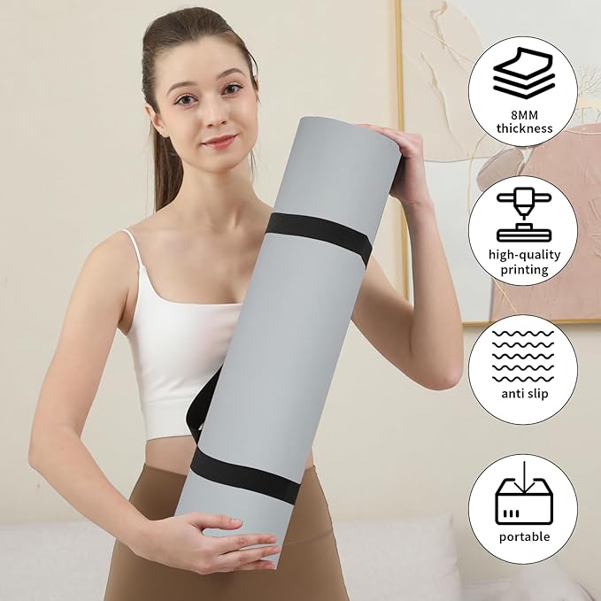 HAHE Yoga Mat Thick (8MM,1/3"), Eco-Friendly POE Non Slip Yoga Mat, High Rebound & Shock Absorption, Anti-Tear & Sweat-Resistant for Yoga, Fitness, Home, Workouts, Large Pilates Mats 72"x24" with Carrying Strap - Bloomnest